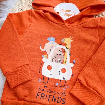 Conj. Casaco Animals Friends com Capuz e Calça de Moletom - Laranja e Azul